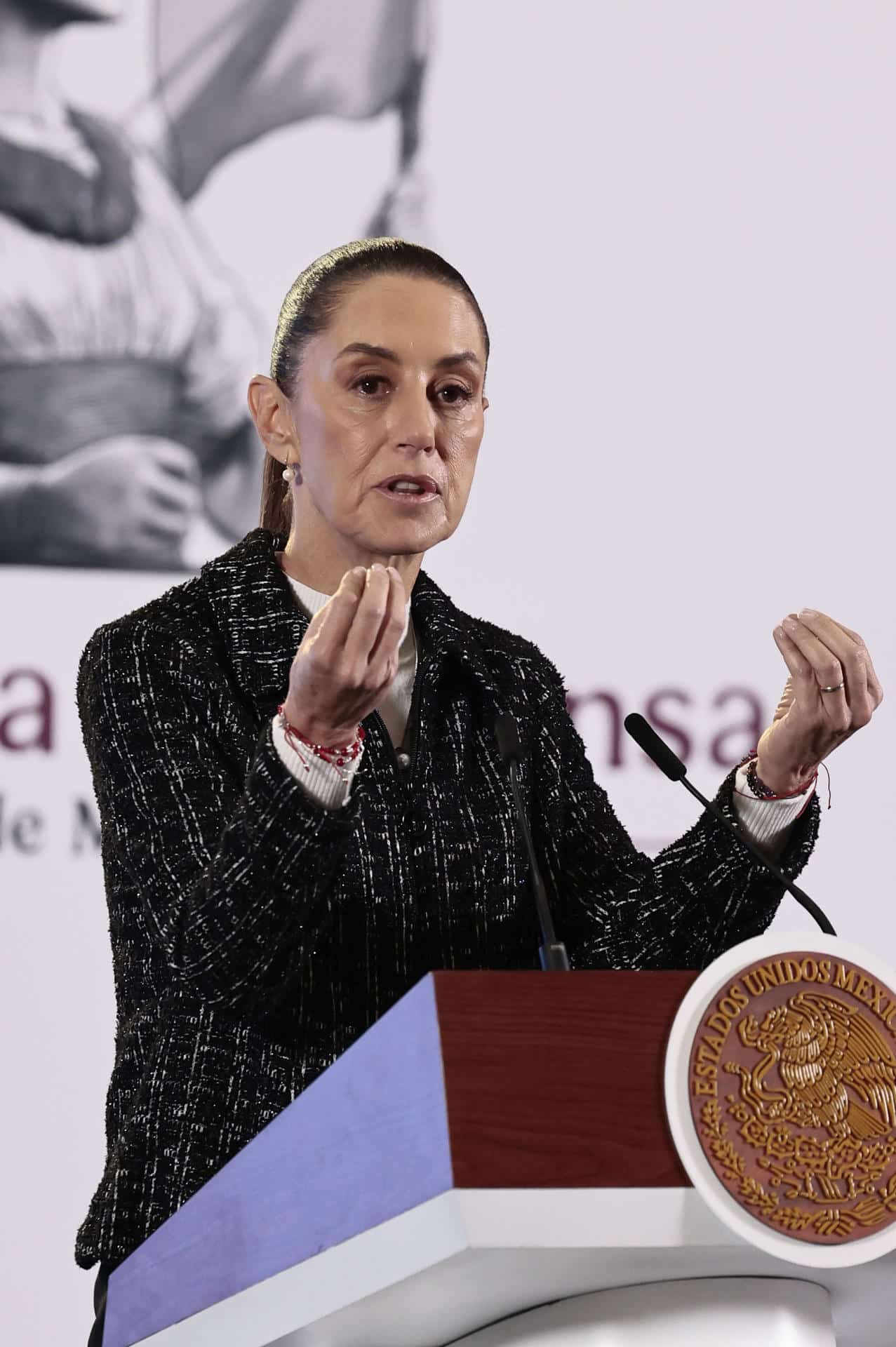 La presidenta de México, Claudia Sheinbaum, habla durante una rueda de prensa este viernes en Palacio Nacional de la Ciudad de México (México). EFE/José Méndez