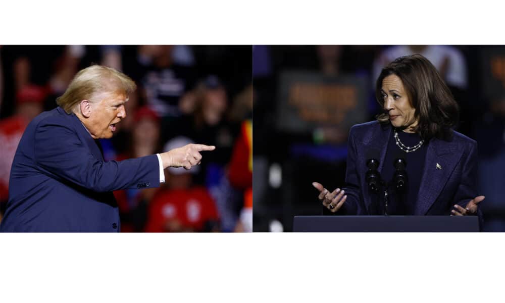 Combo de fotografías que muestra a la vicepresidenta estadounidense y candidata demócrata a la Casa Blanca, Kamala Harris (d), y al exmandatario republicano Donald Trump (2017-2021), durante reuniones con seguidores el pasado fin de semana en Milwaukee y East Lansing (EE.UU.). EFE/Jeffrey Phelps y CJ Gunther