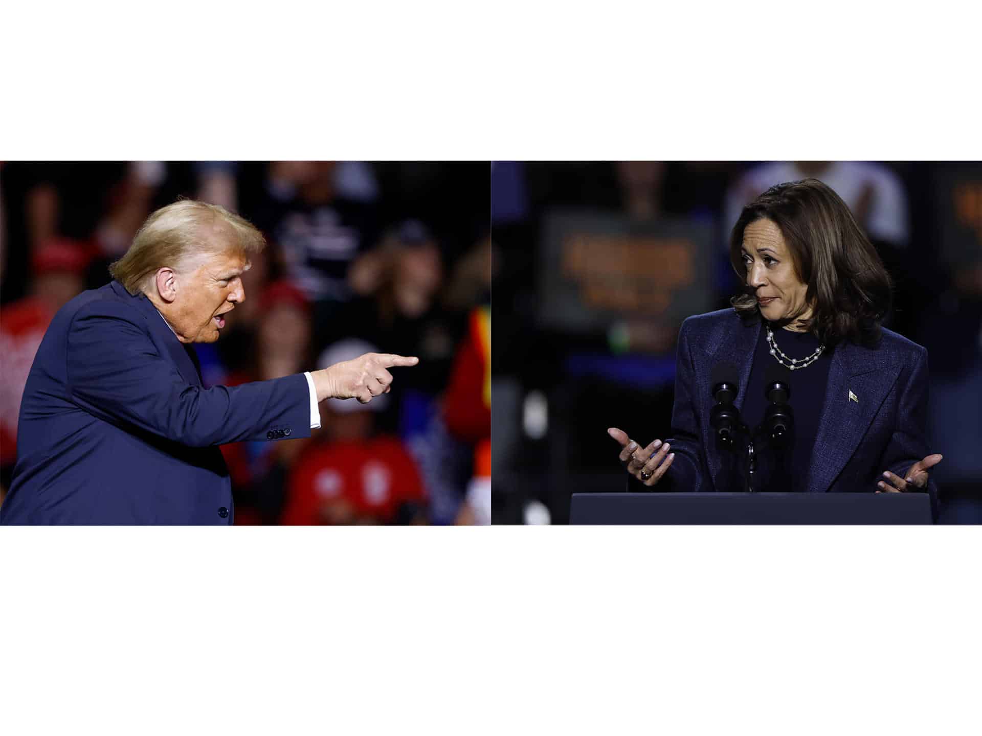 Combo de fotografías que muestra a la vicepresidenta estadounidense y candidata demócrata a la Casa Blanca, Kamala Harris (d), y al exmandatario republicano Donald Trump (2017-2021), durante reuniones con seguidores el pasado fin de semana en Milwaukee y East Lansing (EE.UU.). EFE/Jeffrey Phelps y CJ Gunther