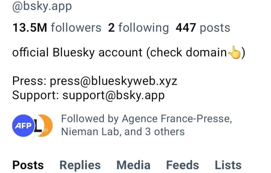 Captura de la portada de la cuenta de la red social Bluesky. La red social Bluesky alcanzó este martes los 20 millones de usuarios, tras sumar un nuevo millón de cuentas en las pasadas 24 horas, confirmó Jay Graber, responsable de la compañía. EFE/Bluesky /SOLO USO EDITORIAL /NO VENTAS /SOLO DISPONIBLE PARA ILUSTRAR LA NOTICIA QUE ACOMPAÑA /CRÉDITO OBLIGATORIO