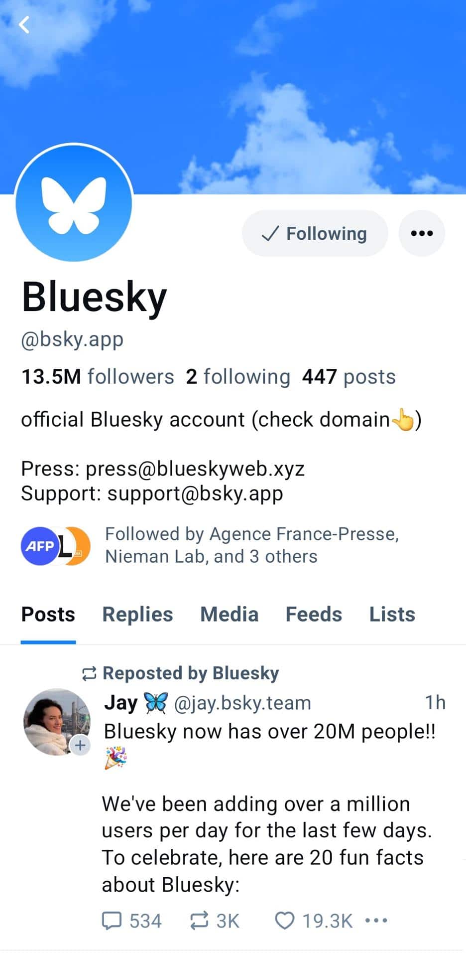 Captura de la portada de la cuenta de la red social Bluesky. La red social Bluesky alcanzó este martes los 20 millones de usuarios, tras sumar un nuevo millón de cuentas en las pasadas 24 horas, confirmó Jay Graber, responsable de la compañía. EFE/Bluesky /SOLO USO EDITORIAL /NO VENTAS /SOLO DISPONIBLE PARA ILUSTRAR LA NOTICIA QUE ACOMPAÑA /CRÉDITO OBLIGATORIO