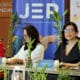 Fotografía cedida por la Jurisdicción Especial para la Paz (JEP) de la magistrada de la Sala de Reconocimiento de Verdad, de Responsabilidad y de Determinación de los Hechos y Conductas, Lily Andrea Rueda Guzmán (d), durante una rueda de prensa en Bogotá (Colombia). EFE/JEP