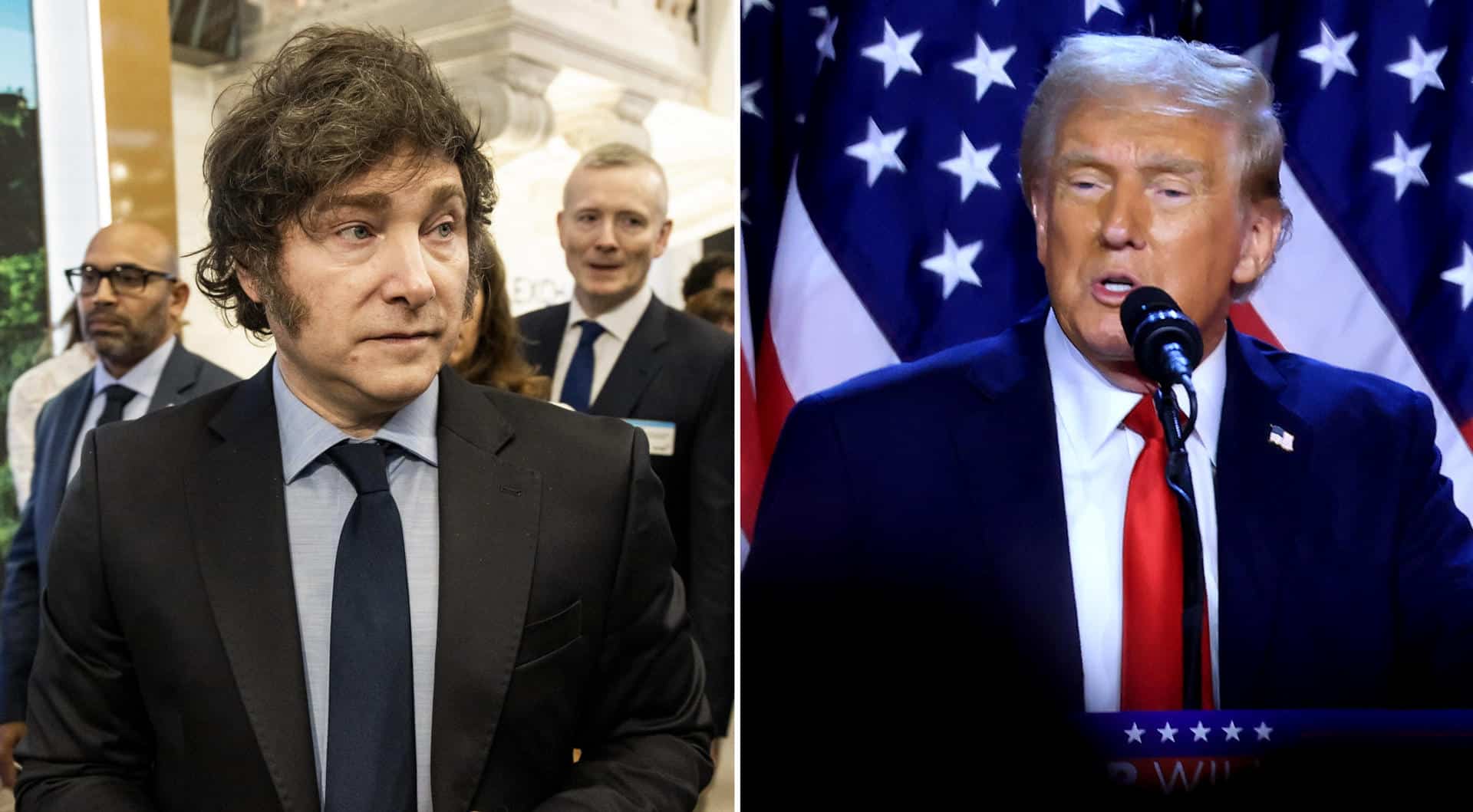 Combo de fotografías de archivo del presidente de Argentina, Javier Milei (i), y el presidente electo de los Estados Unidos, Donald Trump. EFE/ Archivo