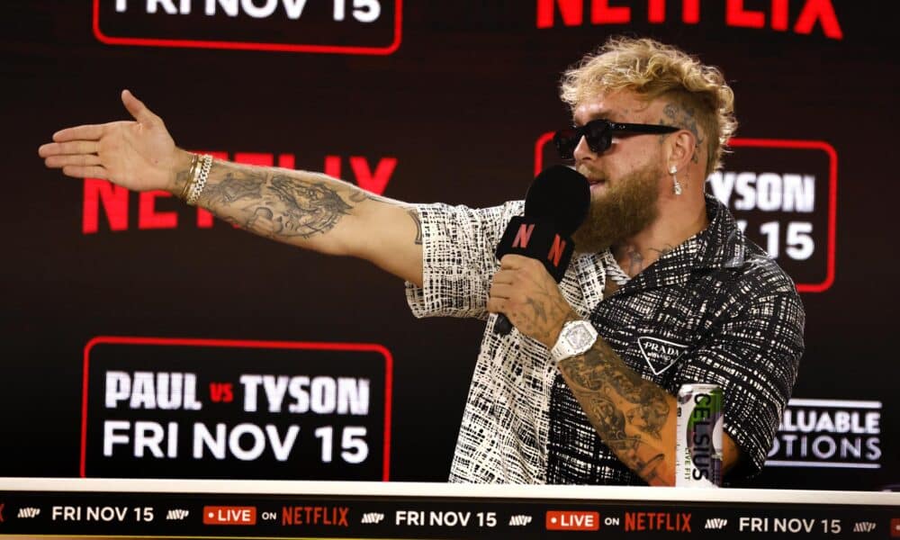 Fotografía de archivo de Jake Paul en la presentación de la pelea de exhibición ante Mike Tyson el 18 de agosto en Nueva York. EFE/EPA/Peter Foley