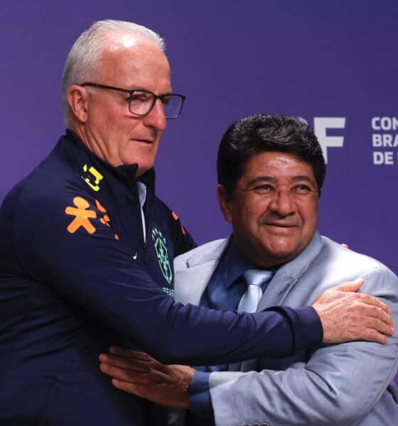 Fotografía de archivo del presidente de la Confederación Brasileña de Fútbol (CBF), Enaldo Rodrigues (i), junto al actual seleccionador de la Canarinha, Dorival Junior.EFE/ Antonio Lacerda