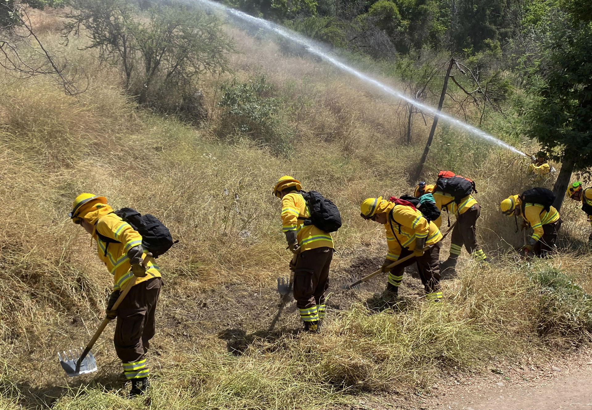 Brigadistas de la Corporación Nacional Forestal (Conaf), participan en un simulacro de incendio forestal durante la presentación del plan nacional de cortafuegos 2024-2025, este martes, en Santiago (Chile). EFE/Andrea Sanz Yuz