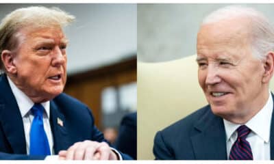 Combo de fotografías de archivo que muestra al expresidente de los Estados Unidos Donald Trump (i), durante una audiencia judicial, y al presidente Joe Biden (d), durante una reunión en la Casa Blanca. EFE/ Jabin Botsford/Bonnie Cash