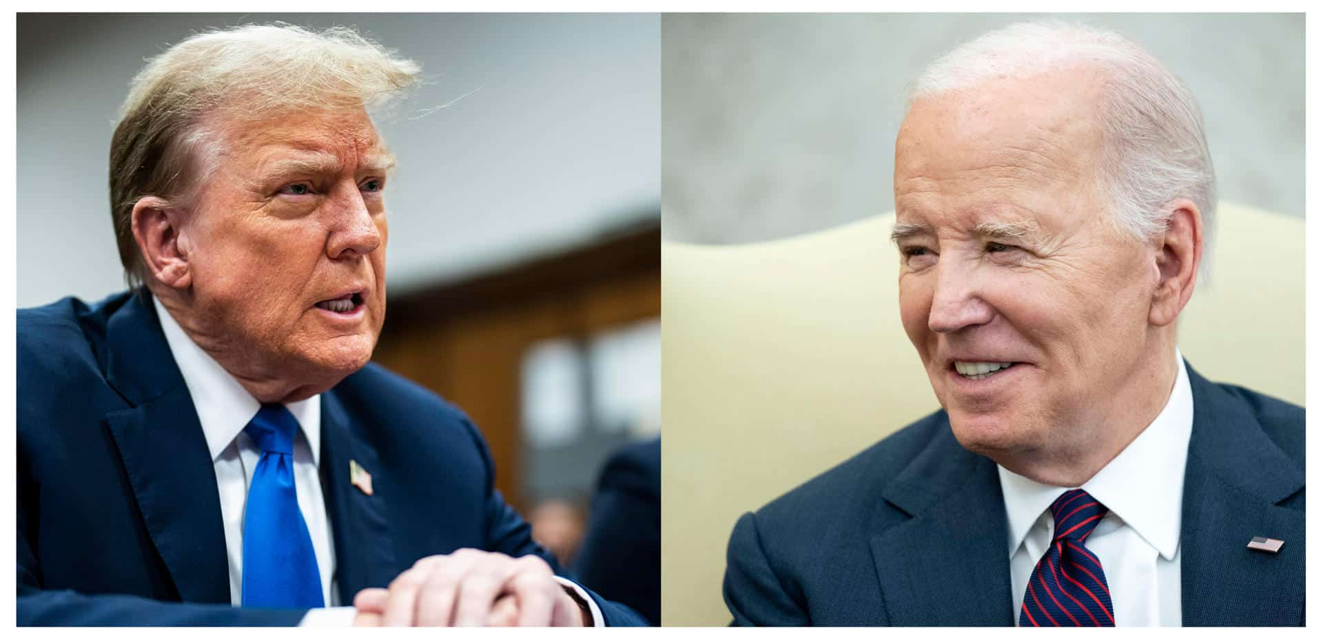 Combo de fotografías de archivo que muestra al expresidente de los Estados Unidos Donald Trump (i), durante una audiencia judicial, y al presidente Joe Biden (d), durante una reunión en la Casa Blanca. EFE/ Jabin Botsford/Bonnie Cash