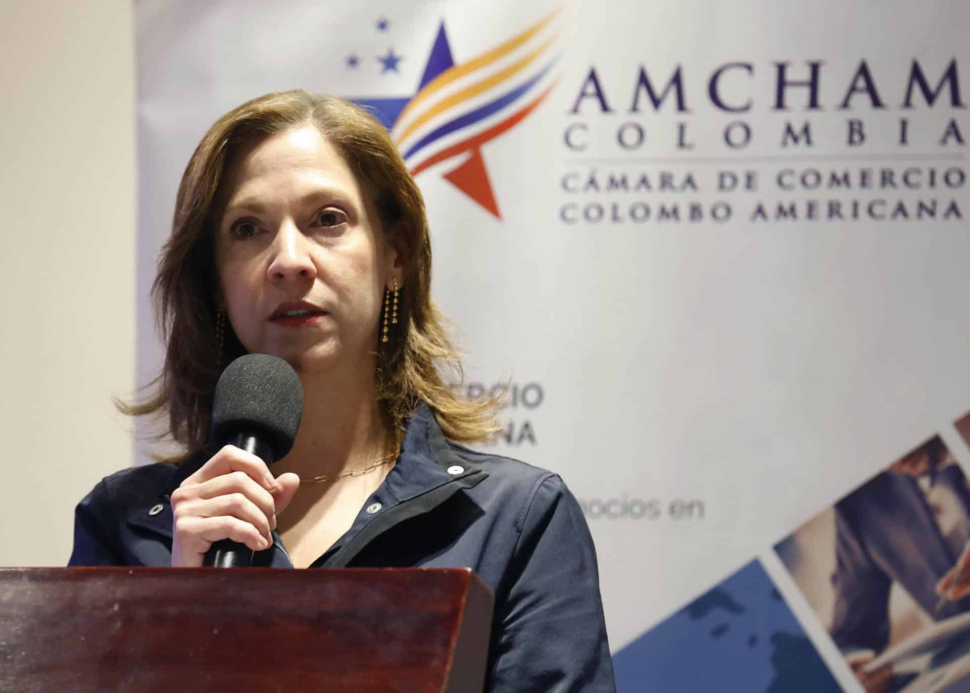 La presidenta de la Cámara Colombo Americana (AmCham Colombia), María Claudia Lacouture, habla durante el conversatorio 'Elecciones Presidenciales en Estados Unidos, análisis de los resultados y perspectivas de la relación bilateral' este 26 de noviembre de 2024, en Bogotá (Colombia). EFE/ Mauricio Dueñas Castañeda