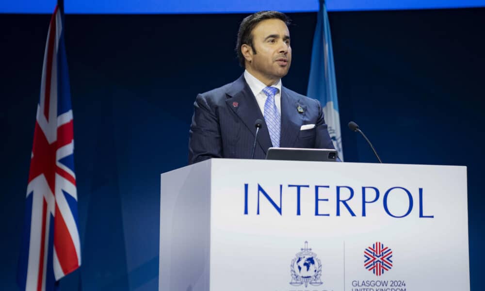 - El presidente de la Interpol, Ahmed Nasser Al Raisi durante su discurso en la ceremonia de clausura de la 92 Asamblea General de la Interpol en Glasgow. EFE/INTERPOL SOLOO USO EDITORIAL/SOLO DISPONIBLE PARA ILUSTRAR LA NOTICIA QUE ACOMPAÑA (CRÉDITO OBLIGATORIO)