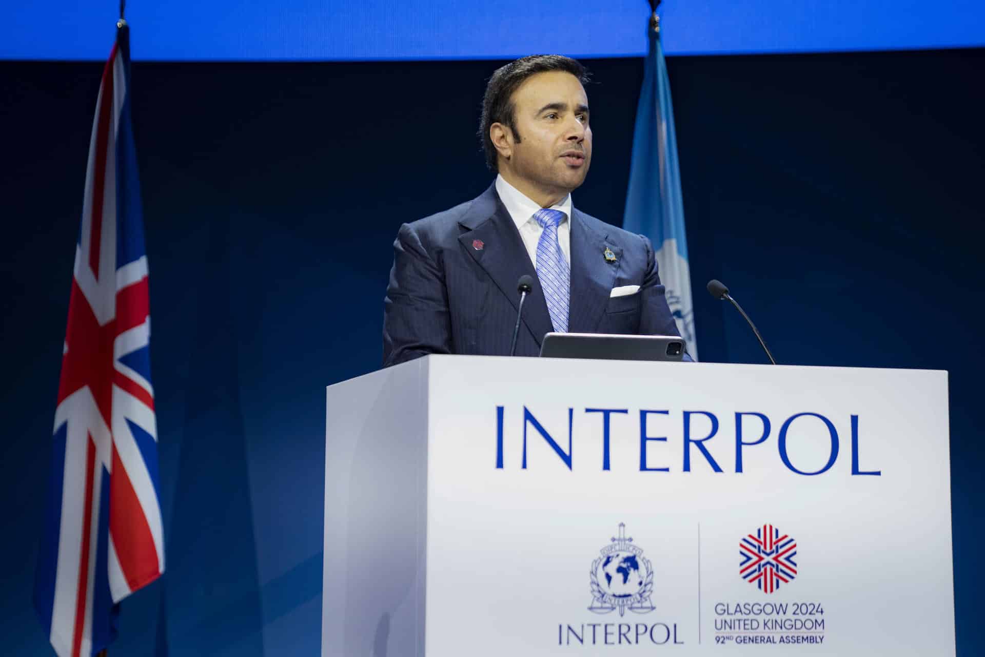 - El presidente de la Interpol, Ahmed Nasser Al Raisi durante su discurso en la ceremonia de clausura de la 92 Asamblea General de la Interpol en Glasgow. EFE/INTERPOL SOLOO USO EDITORIAL/SOLO DISPONIBLE PARA ILUSTRAR LA NOTICIA QUE ACOMPAÑA (CRÉDITO OBLIGATORIO)