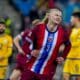 El delantero noruego Erling Braut Haaland celebra uno de sus tres goles durante el partido de la UEFA Nations League jugado en el Ullevaal Stadium, Oslo, Noruega. EFE/EPA/Terje Pedersen