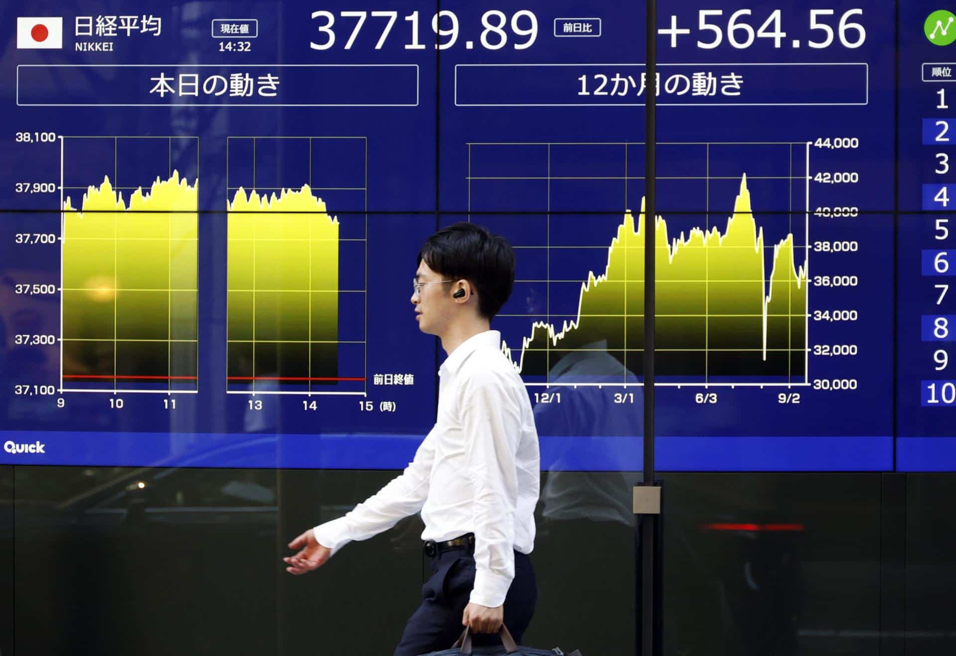 Fotografía de archivo de transeúnte que pasa por delante de un panel de indicadores bursátiles en Tokio (Japón). EFE/ Franck Robichon