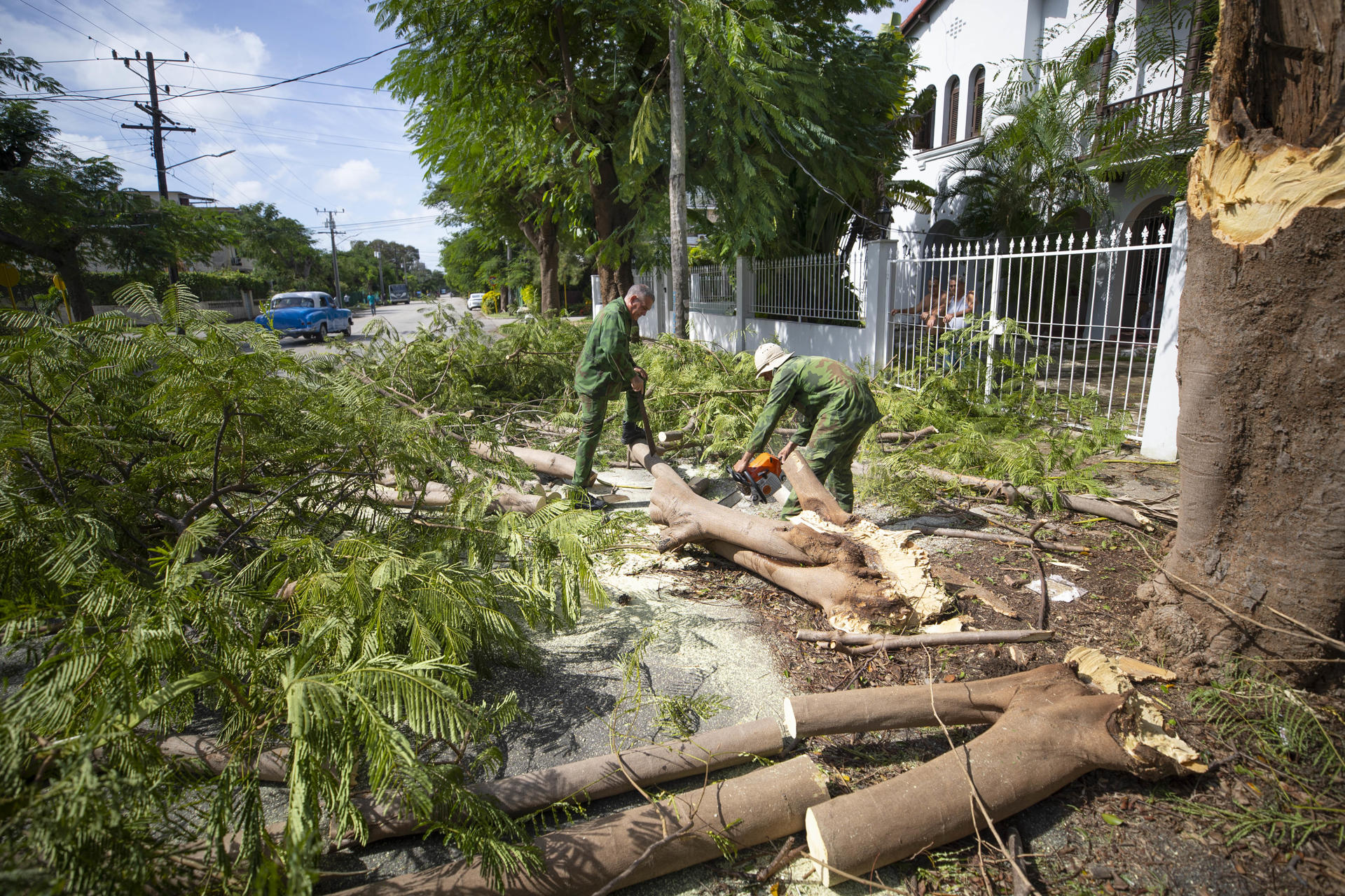 Dos hombres cortan con una sierra el tronco de un árbol caído a causa del huracán Rafael, este viernes en La Habana (Cuba). EFE/Yander Zamora