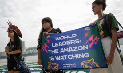 Activistas y artistas participan durante un protesta en defensa de la Amazonía, este domingo, en la cala de Botafogo, en Río de Janeiro (Brasil). EFE/ André Coelho