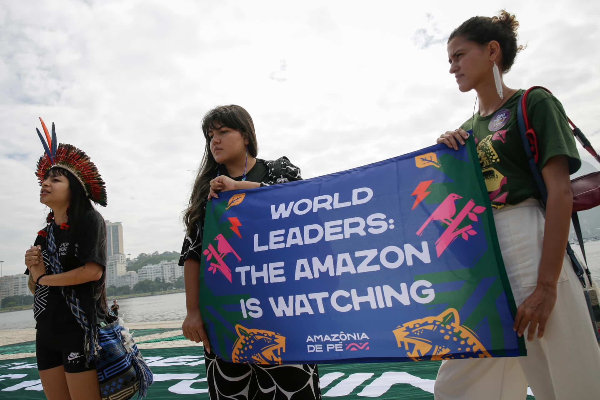 Activistas y artistas participan durante un protesta en defensa de la Amazonía, este domingo, en la cala de Botafogo, en Río de Janeiro (Brasil). EFE/ André Coelho