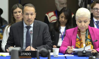 El representante del Estado mexicano, José Antonio Montero, y la representante permanente de México ante la Organización de los Estados Americanos (OEA), Luz Baños, participan durante una audiencia de la Comisión Interamericana de Derechos Humanos (CIDH), este martes en la sede del organismo en Washington (Estados Unidos). EFE/ Lenin Nolly