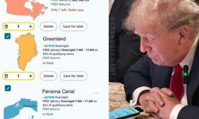 Fotografía tomada de la red social X de la cuenta de @EricTrump donde aparece el presidente electo de Estados Unidos, Donald Trump, junto a una imagen con varios mapas alusiva a la devolución de una compra en internet. Trump ha amenazado en la última semana la soberanía territorial de Panamá, México, Canadá y Groenlandia - territorio autónomo de Dinamarca-, aunque todavía es pronto para conocer si se trata de una maniobra de distracción o tiene intenciones reales.EFE/ @EricTrump