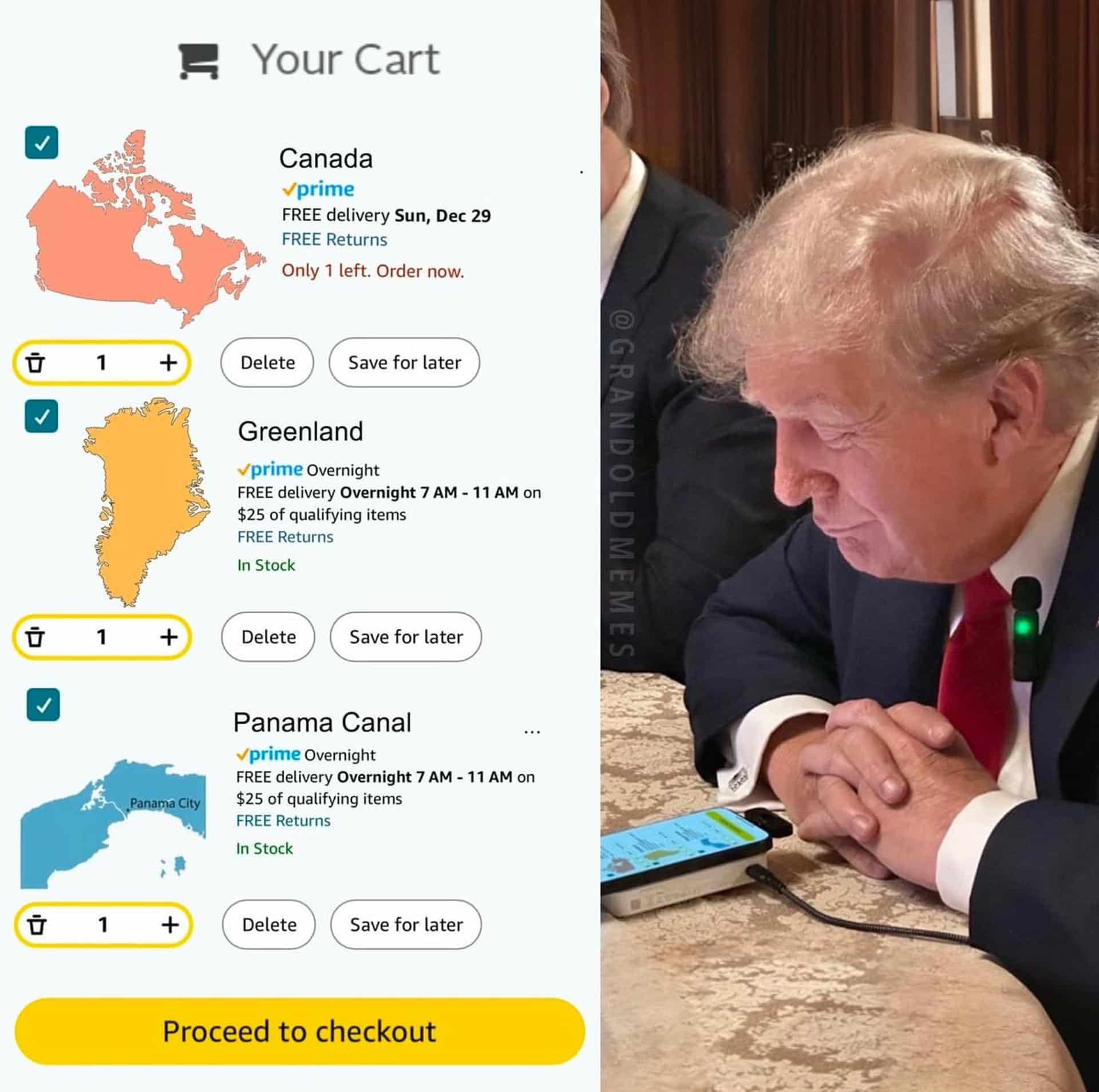 Fotografía tomada de la red social X de la cuenta de @EricTrump donde aparece el presidente electo de Estados Unidos, Donald Trump, junto a una imagen con varios mapas alusiva a la devolución de una compra en internet. Trump ha amenazado en la última semana la soberanía territorial de Panamá, México, Canadá y Groenlandia - territorio autónomo de Dinamarca-, aunque todavía es pronto para conocer si se trata de una maniobra de distracción o tiene intenciones reales.EFE/ @EricTrump