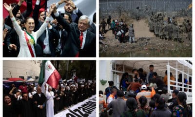 Combo de fotografías de archivo donde se muestra, desde la izquierda-arriba, a la presidenta de México Claudia Sheinbaum junto al expresidente de México Andrés Manuel López Obrador; a migrantes frente a integrantes de la Guardia Nacional de Texas; a personas protestando contra de la reforma judicial y pobladores desplazados regresando a sus hogares. EFE/ José Méndez/ Luis Torres / Carlos López