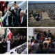 Combo de fotografías de archivo donde se muestra, desde la izquierda-arriba, a la presidenta de México Claudia Sheinbaum junto al expresidente de México Andrés Manuel López Obrador; a migrantes frente a integrantes de la Guardia Nacional de Texas; a personas protestando contra de la reforma judicial y pobladores desplazados regresando a sus hogares. EFE/ José Méndez/ Luis Torres / Carlos López