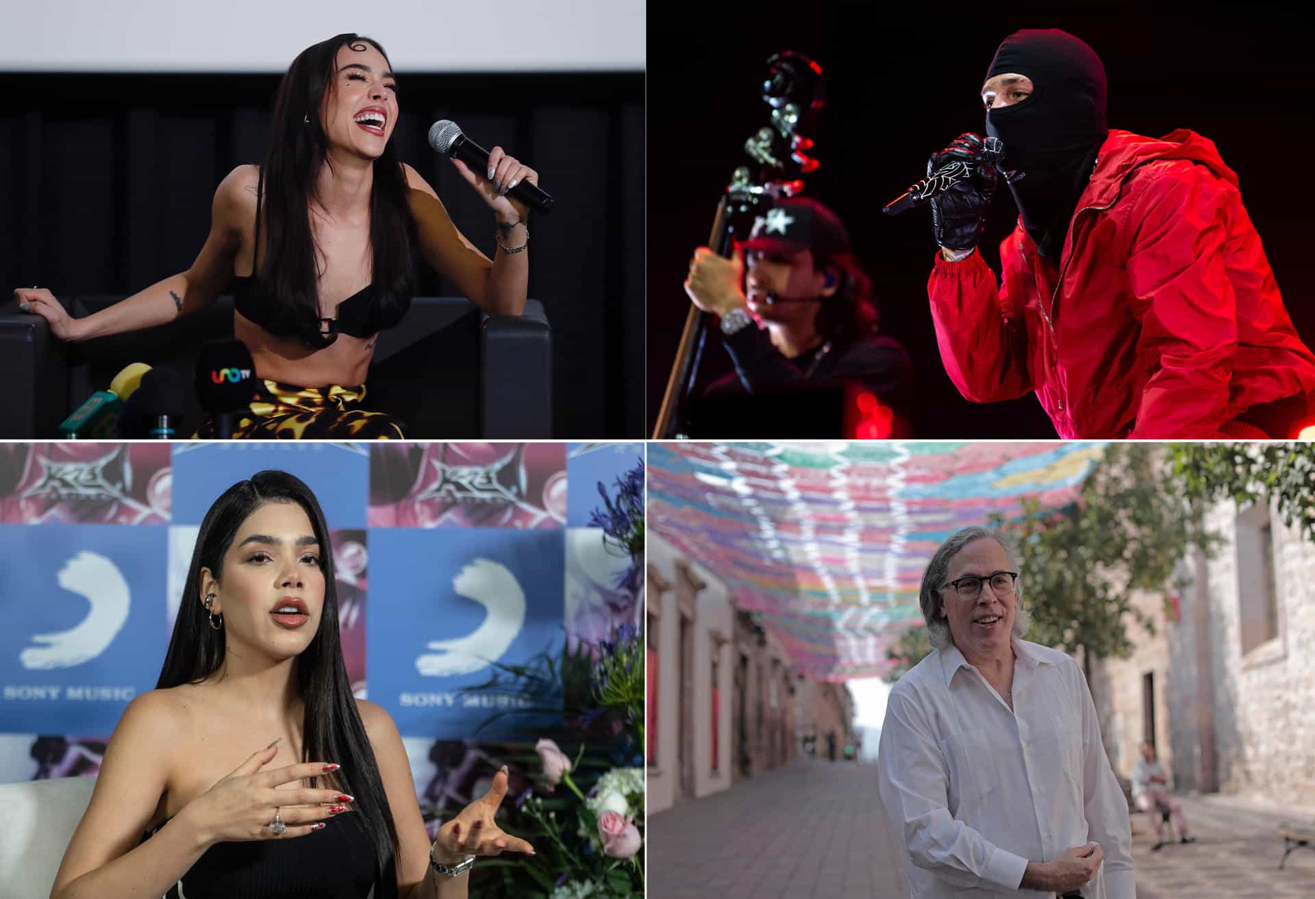 Combo de fotografías de archivo donde se muestra a los cantantes mexicanos Danna Paola (i-arriba), Peso Pluma (d-arriba), Kenia Os (i-abajo) y al cineasta Rodrigo Prieto (d-abajo), en diferentes eventos en México. EFE/ Sáshenka Gutiérrez/ Miguel Sierra/Isaac Esquivel/Iván Villanueva