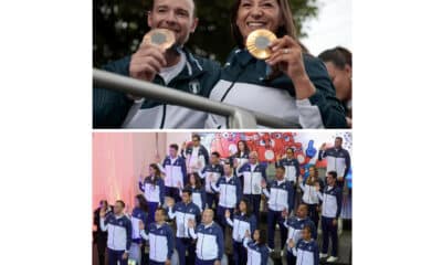 Combo de fotografías de archivo que muestra a los tiradores guatemaltecos Adriana Ruano (d) y Jean Pierre Brol (i) al posar con sus medallas obtenidas en los Juegos Olímpicos París 2024 y (abajo) la delegación deportistas que participó en las olimpiadas. EFE