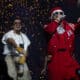 Bad Bunny (i) acompaña a Jowell y Randy en el concierto de su gira 3D este sábado, en el Coliseo Jose Miguel Agrelot en San Juan (Puerto Rico). EFE/ Thais Llora