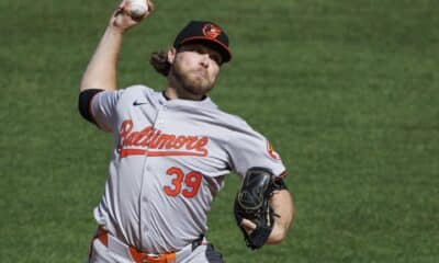 Fotografía de archivo, tomada el pasado 9 de abril, en la que se registró al abridor Corbin Burnes, al lanzar para los Orioles de Baltimore, durante un partido de la MlB contra los Medias Rojas, en el estadio Fenway Park de Boston (Massachusetts, EE.UU). EFE/CJ Gunther