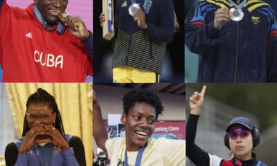 Combo de seis fotografías de archivo donde aparecen, desde la izquierda arriba, el cubano Mijaín López, la brasileña Rebeca Andrade, el colombiano Ángel Barajas, la panameña Atheyna Bylon, la dominianca  Marileidy Paulino y la chilena Francisca Crovetto. EFE/Archivo