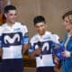 La ciclista colombiano Nairo Quintana (c) responde a una pregunta durante la presentación del equipo Movistar de ciclismo para la temporada 2025, este miércoles en Madrid. EFE/ Rodrigo Jiménez