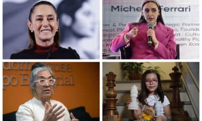 Combo de fotografías de archivo donde se muestra a la presidenta de México Claudia Sheinbaum (i, arriba), la coordinadora del Consejo Asesor Empresarial con el Gobierno de México, Altagracia Gómez (d, arriba), la escritora mexicana Cristina Rivera Garza (i, abajo) y Alondra Bagatella, niña genio campeona de ajedrez de 8 años (d, abajo), en diferentes eventos en México. EFE/Sáshenka Gutiérrez/José Méndez/Isaac Esquivel/Francisco Guasco