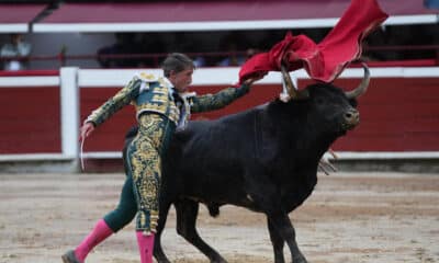 El torero español Manuel Escribano lidia al toro Peregrino de la ganadería Campo Real, este lunes durante la Feria de Cali, en Cali (Colombia). EFE/ Ernesto Guzmán