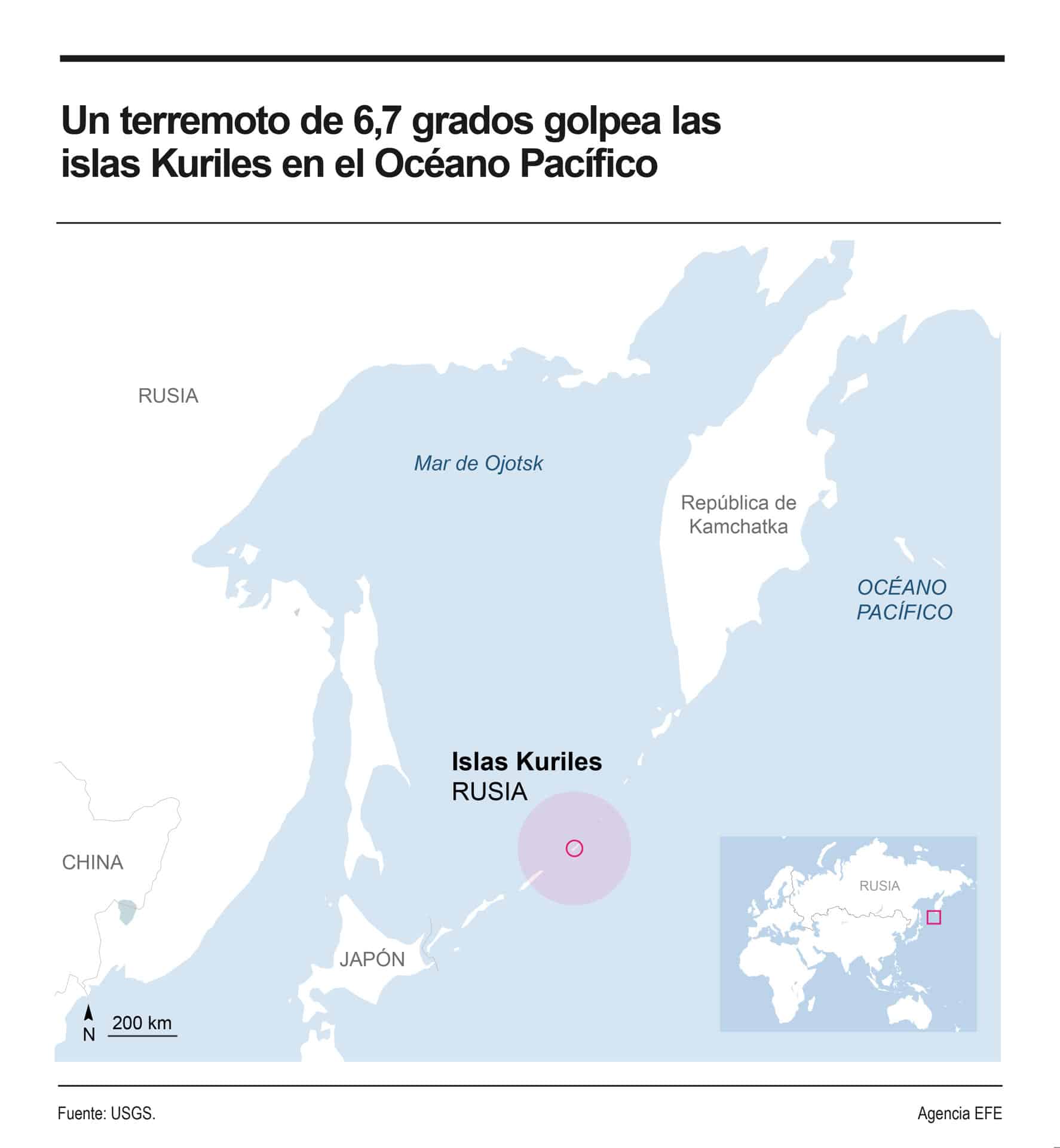 Un terremoto de magnitud 6,7 sacudió esta madrugada las Islas Kuriles, en el océano Pacífico Norte, según informó el servicio geológico de Estados Unidos (USGS, en sus siglas en inglés). EFE