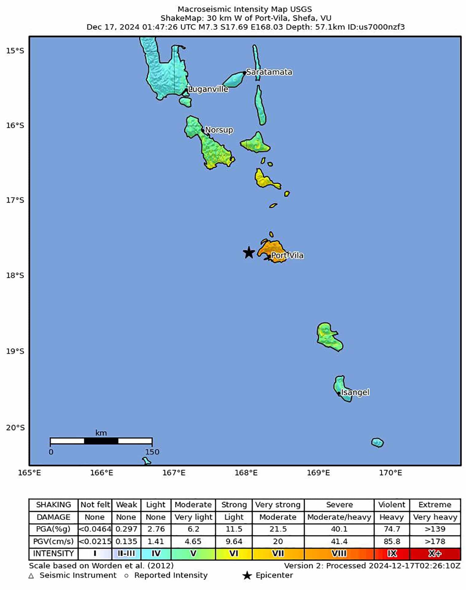 Port Vila (Vanuatu), 17/12/2024.- A handout shakemap made available by the United States Geological Survey (USGS) shows the location of a 7.3-magnitude earthquake hitting west of Port Vila, Vanuatu, 17 December 2024. The epicenter of the earthquake was recorded 30 kilometres west from Port Vila at a depth of 57.1 kilometres, the USGS said. (Terremoto/sismo, Estados Unidos) EFE/EPA/USGS HANDOUT HANDOUT EDITORIAL USE ONLY/NO SALES