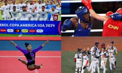 Combo de fotografías de archivo que muestran a la selección masculina de fútbol de Panamá (arriba-i), a la boxeadora panameña Atheyna Bylon (arriba-d), a la gimnasta panameña Hillary Heron (abajo-i) y al equipo de béisbol de Panamá. EFE