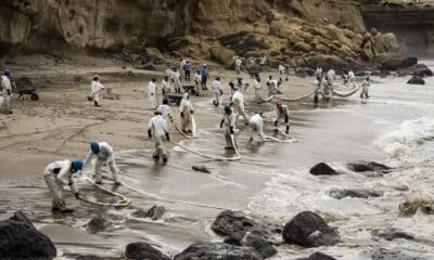 Integrantes de Petroperú limpian un derrame de petroleo en la playa La Capullana, distrito de Lobitos, en la provincia de Talara, en el norte de Perú. EFE/Malú Ramahí