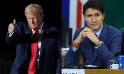 Combo de fotografías de archivo del presidente electo de Estados Unidos, Donald Trump (i), durante un acto de campaña y el primer ministro canadiense, Justin Trudeau. EFE/ Will Oliver / Sebastiao Moreira