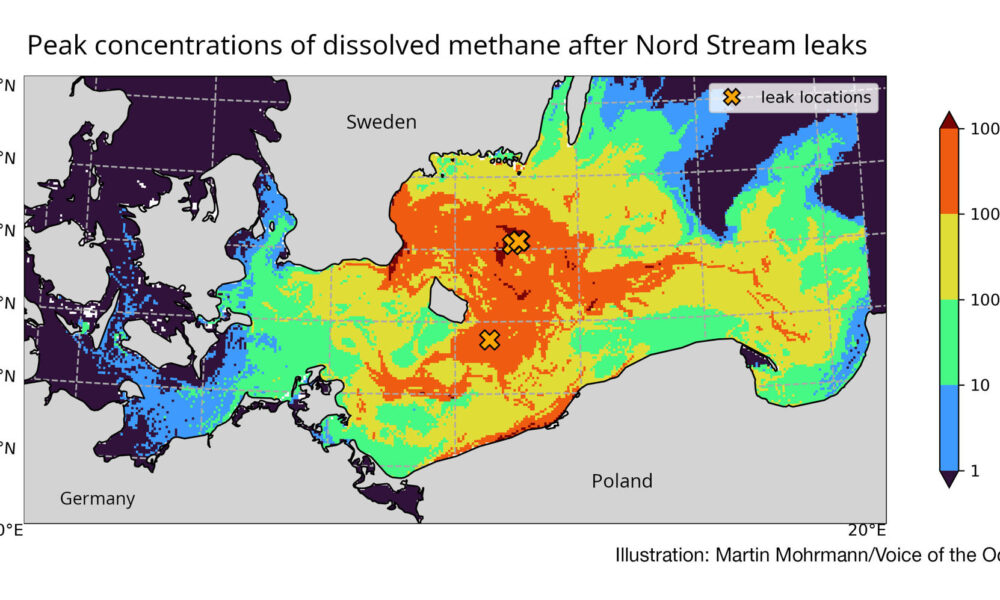 Mapa de la concentración de metano en el sur del Báltico debido al sabotaje al gaseoducto Nord Stream en 2022. CRÉDITO Ilustración: Martin Mohrmann