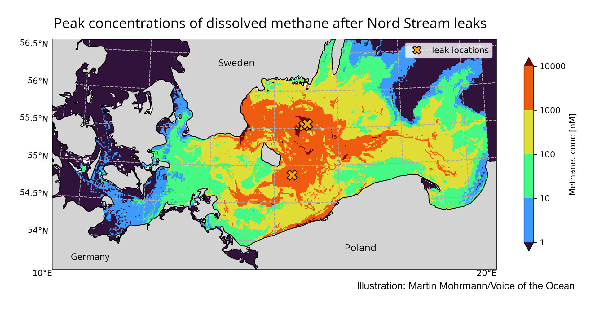 Mapa de la concentración de metano en el sur del Báltico debido al sabotaje al gaseoducto Nord Stream en 2022. CRÉDITO Ilustración: Martin Mohrmann