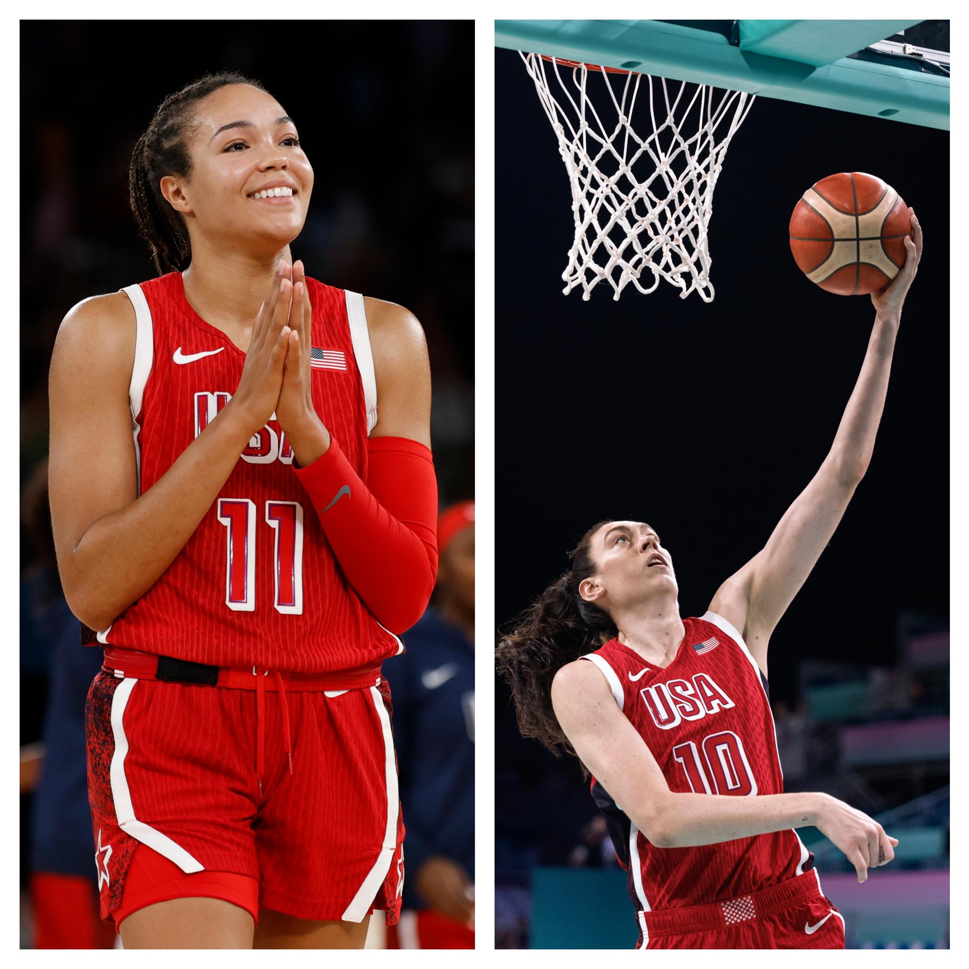 Las jugadoras estadounidenses de baloncesto, Breanna Stewart (dch) y Napheesa Collier. EFE/ALEX PLAVEVSKI/CAROLINE BREHMAN