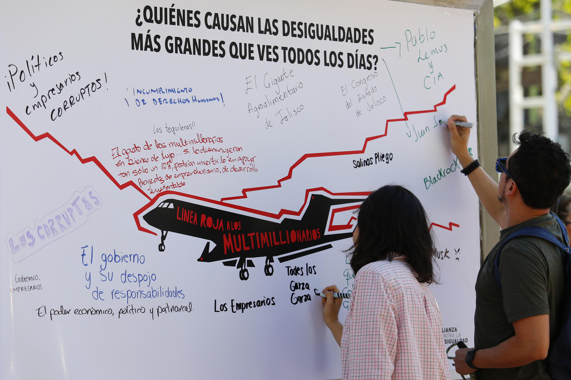 Integrantes de la Alianza Contra la Desigualdad México participan en la movilización 'Línea Roja a los Millonarios', este sábado en Guadalajara (México). EFE/ Francisco Guasco