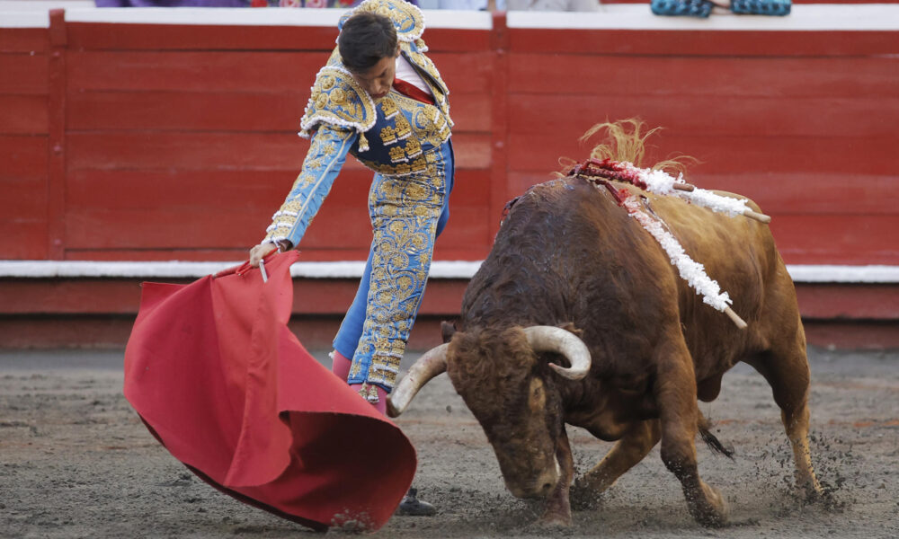 El torero colombiano José Arcila lidia al toro Indígena de 458 kg, de la ganadería Las Ventas del Espíritu Santo, al que le cortó una oreja este miércoles, durante una corrida correspondiente a la temporada taurina 70 de la Feria de Manizales, en la plaza de toros de Manizales (Colombia). EFE/ Jhon Jairo Bonilla