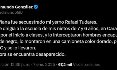 Captura de pantalla de una publicación en la cuenta oficial de la red social X del líder opositor de Venezuela Edmundo González Urrutia, donde denuncia el secuestro de su yerno Rafael Tudares, en Caracas (Venezuela). EFE/ Cuenta De X De Edmundo González Urrutia