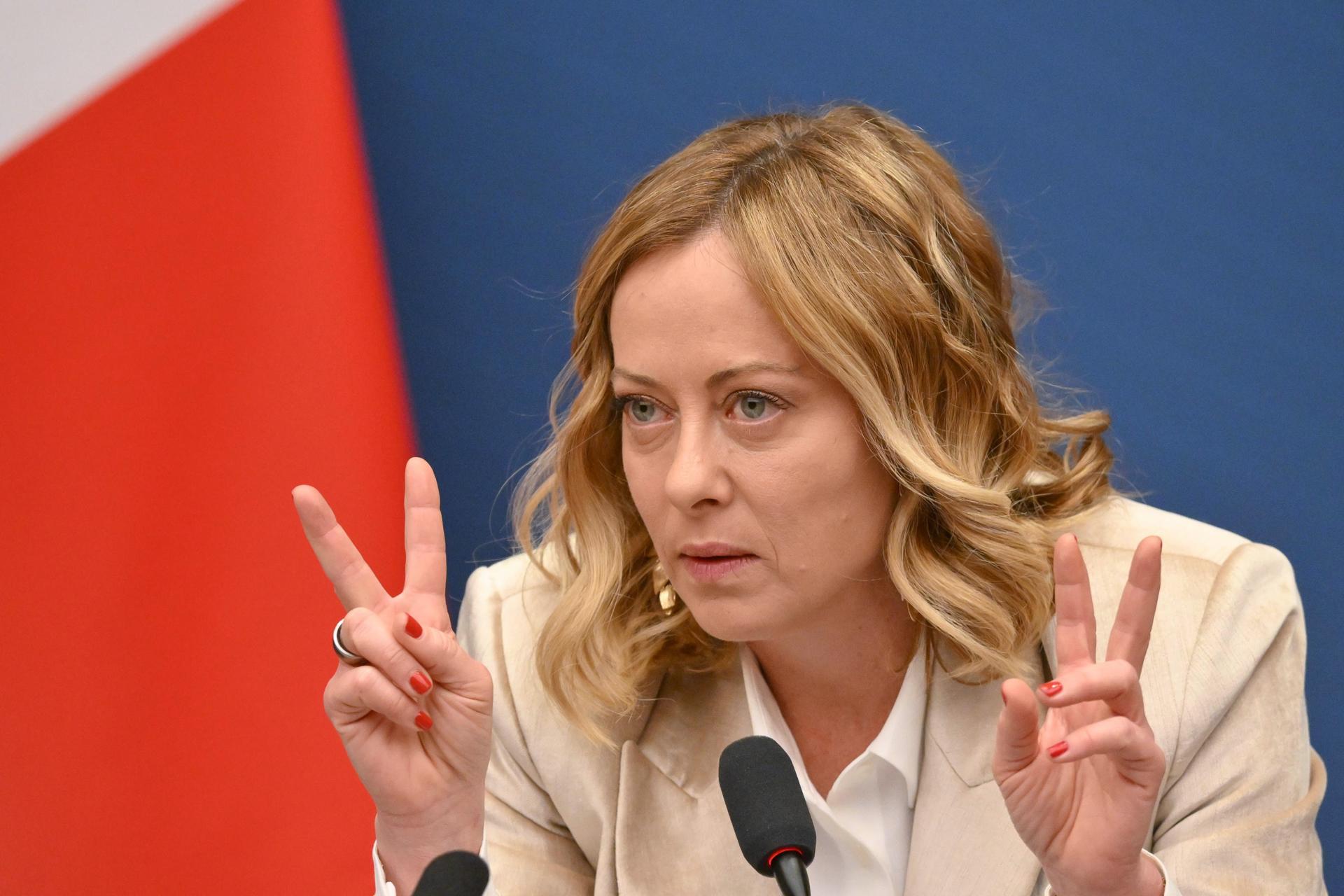 La primera ministra italiana, Giorgia Meloni, en rueda de prensa este jueves en Roma. EFE/EPA/ALESSANDRO DI MEO