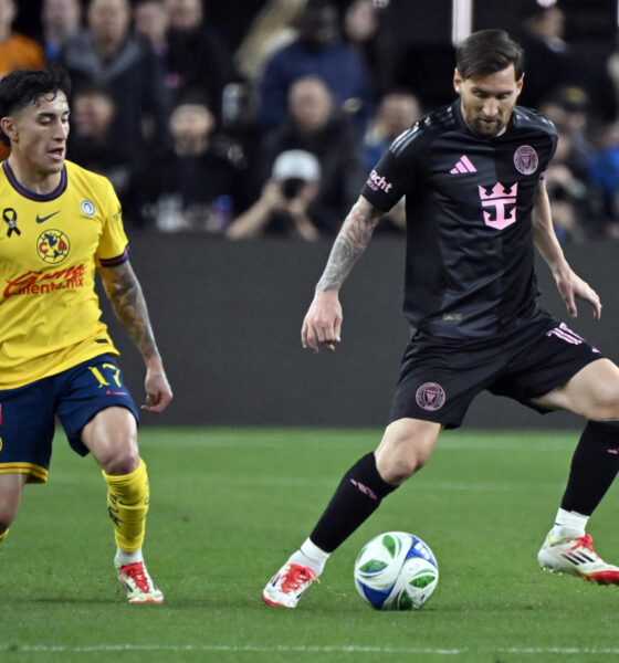 Lionel Messi aportó este sábado un gol de cabeza en el partido amistoso del Inter Miami con el América mexicano que terminó 2-2 en el Allegiant Stadium, en Las Vegas (Nevada). EFE/ DAVID BECKER