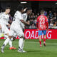 El centrocampista francés del Real Madrid Eduardo Camavinga (3i) celebra el segundo gol ante de la Deportiva Minera durante el partido correspondiente a los dieciseisavos de final de la Copa del Rey, que están disputando este lunes en el estadio Cartagonova en Cartagena. EFE/Marcial Guillén