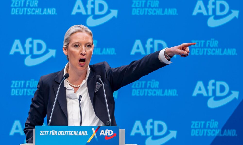 La colíder de Alternativa para Alemania (AfD), Alice Weidel, durante su intervención en el congreso federal de este partido ultraderechista, celebrado en la ciudad de Riesa, que la ratificó como candidata a las elecciones del próximo 23 de febrero. EFE/EPA/Martin Divisek