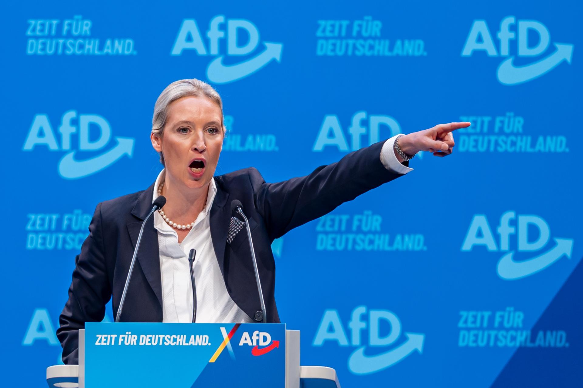 La colíder de Alternativa para Alemania (AfD), Alice Weidel, durante su intervención en el congreso federal de este partido ultraderechista, celebrado en la ciudad de Riesa, que la ratificó como candidata a las elecciones del próximo 23 de febrero. EFE/EPA/Martin Divisek