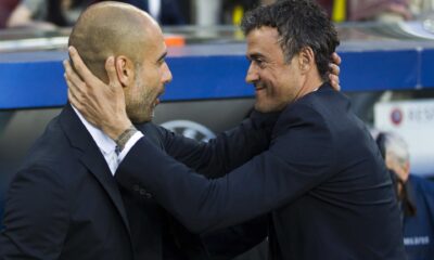 Fotografía de archivo de Pep Guardiola (i) y Luis Enrique Martínez (d). EFE/Alejandro Garcia